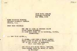 [Carta] 1943 mayo 24, Chicago, Illinois [a] Gabriela Mistral, Brasil