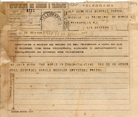 [Telegrama] 1945 nov. 21, New York, [EE.UU.] [a] Gabriela Mistral, Petrópolis, RJ, [Brasil]