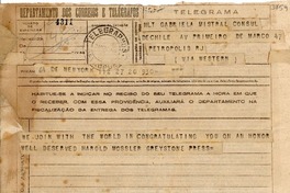 [Telegrama] 1945 nov. 21, New York, [EE.UU.] [a] Gabriela Mistral, Petrópolis, RJ, [Brasil]