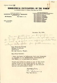 [Carta] 1945 dic. 19, N. York [a] Gabriela Mistral, Petrópolis, Brasil