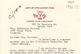 [Carta] [1946], Walnut 7868, Hollywood, [EE.UU.] [a] Gabriela Mistral