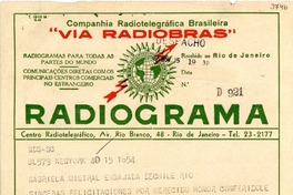 [Telegrama] 1945 nov. 15, N. York [a] Gabriela Mistral, Río