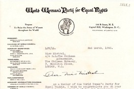 [Carta] 1946 mar. 2, Washington, D.C., EE.UU. [a] Gabriela Mistral