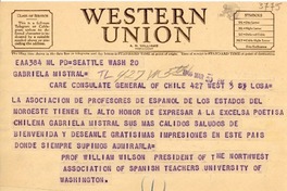 [Telegrama] 1946 mar. 20, Seattle [a] Gabriela Mistral