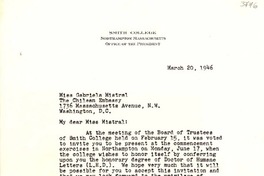 [Carta] 1946 mar. 20, Northampton, Massachusetts [a] Gabriela Mistral, Washington D.C.