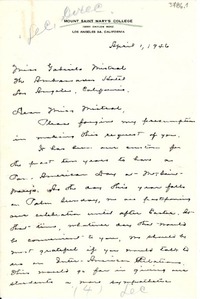 [Carta] 1946 abr. 1, Los Ángeles, California [a] Gabriela Mistral, Los Ángeles, California