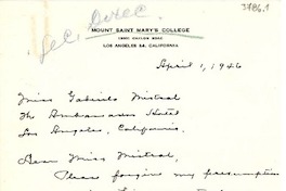 [Carta] 1946 abr. 1, Los Ángeles, California [a] Gabriela Mistral, Los Ángeles, California