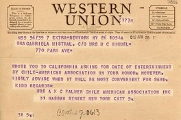 [Telegrama] 1946 abr. 26, N. York [a] Gabriela Mistral