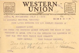 [Telegrama] 1946 abr. 3, San Diego, California [a] Gabriela Mistral, Los Ángeles
