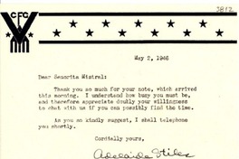 [Carta] 1946 mayo 2, New York, [EE.UU.] [a] Gabriela Mistral, New York, [EE.UU.]