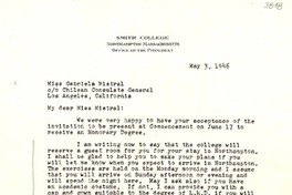 [Carta] 1946 mayo 3, Northampton, Massachusetts [a] Gabriela Mistral, Los Ángeles, California