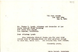 [Carta] 1946 mayo 6, New York, [E.E.U.U.] [a] Thomas R. Lynch, Los Angeles, California, [E.E.U.U.]