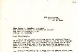 [Carta] 1946 mayo 4, New York [a] Helene W. Hartley, Chicago, Illinois