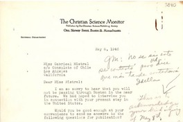 [Carta] 1946 mayo 8, Boston, Massachusetts [a] Gabriela Mistral, Los Angeles, California