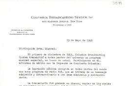 [Carta] 1946 mayo 13, [New York?] [a] Srta. Gabriela Mistral, Hotel San Moritz, New York