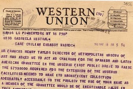 [Telegrama] 1946 mayo 18, New York [a] Gabriela Mistral, Washington D.C.