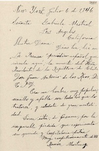 [Carta] 1946 jul. 6, N. York [a] Gabriela Mistral, Los Angeles, California