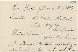 [Carta] 1946 jul. 6, N. York [a] Gabriela Mistral, Los Angeles, California