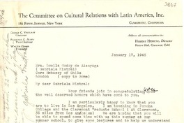 [Carta] 1946 ene. 17, Claremont, California [a] Gabriela Mistral, Londres