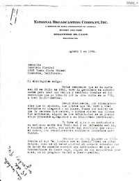 [Carta] 1946 ago. 1, National Broadcasting Company, Inc., Sunset and Vine, Hollywood 28, Calif., [EE.UU.] [a la] Señorita Gabriela Mistral, 1305 Buena Vista Street, Monrovia, California, [EE.UU.]