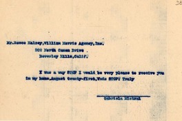 [Telegrama] [1946 ago.], [Monrovia, California] [a] Reece Halsey, Beverly Hills, Calif., [E.E.U.U.]