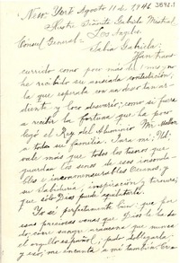 [Carta] 1946 ago. 11, New York, [EE.UU.] [a] Gabriela Mistral, Los Angeles, [Calif., EE.UU.]