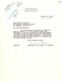 [Carta] 1946 oct. 14, Northampton, Massachusetts, [EE.UU.] [a] Gabriela Mistral, Los Angeles, California, [EE.UU.]