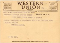 [Telegrama] 1946 ago. 16, Hollywood, California [a] Gabriela Mistral, Monrovia, California