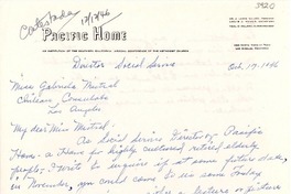 [Carta] 1946 oct. 17, Los Angeles, California [a] Gabriela Mistral, Los Angeles, [California]