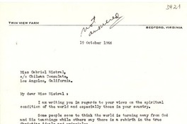 [Carta] 1946 oct. 19, Bedford, Virginia, [EE.UU.] [a] Gabriela Mistral, Los Angeles, California, [EE.UU.]