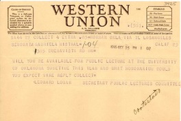 [Telegrama] 1946 oct. 23, Norman, Okla., [EE.UU.] [a] Gabriela Mistral, Los Angeles, Calif., [EE.UU.]