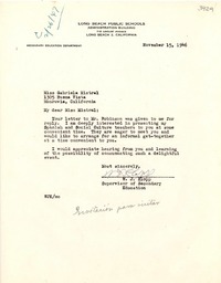 [Carta] 1946 nov. 15, [Long Beach?, Calif.] [a] Gabriela Mistral, Monrovia, California