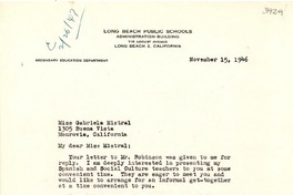 [Carta] 1946 nov. 15, [Long Beach?, Calif.] [a] Gabriela Mistral, Monrovia, California