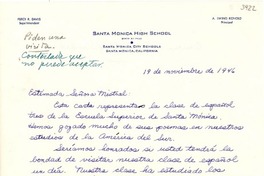 [Carta] 1946 nov. 19, [Santa Mónica, California] [a] [Gabriela] Mistral