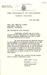 [Carta] 1946 nov. 25, Oklahoma [a] Gabriela Mistral, Monrovia, California