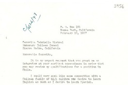 [Carta] 1947 feb. 12, Buena Park, California, [EE.UU.] [a] Gabriella [i.e. Gabriela] Mistral, Sierra Madre, California, [EE.UU.]