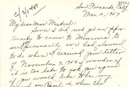 [Carta] 1947 mar. 10, San Fernando, California [a] Gabriela Mistral