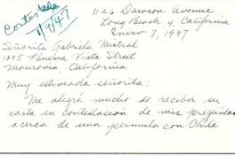 [Carta] 1947 ene. 7, Long Beach, California [a] Gabriela Mistral, Monrovia, California