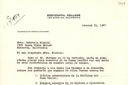 [Carta] 1947 ene. 31, Los Ángeles, California [a] Gabriela Mistral, Monrovia, California