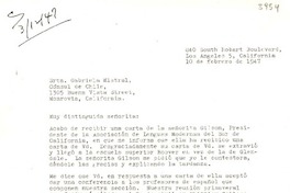 [Carta] 1947 feb. 10, Los Ángeles, California [a] Gabriela Mistral, Monrovia, California