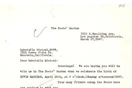 [Carta] 1947 mar. 27, Los Ángeles, California [a] Gabriela Mistral, Monrovia, California