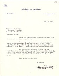 [Carta] 1947 abr. 8, Arcadia, [California] [a] Consuelo Saleva, Monrovia, California