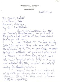 [Carta] 1947 abr. 9, Pasadena, California [a] Gabriela Mistral, Monrovia, California