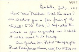 [Carta] 1947 jul. 1, Berkeley [a] Gabriela Mistral