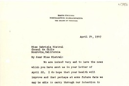 [Carta] 1947 abr. 247, Northampton, Massachusetts [a] Gabriela Mistral, Monrovia, California