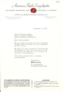 [Carta] 1947 nov. 3, Chicago, Illinois [a] Consuelo Saleva, Santa Bárbara, California