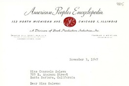 [Carta] 1947 nov. 3, Chicago, Illinois [a] Consuelo Saleva, Santa Bárbara, California
