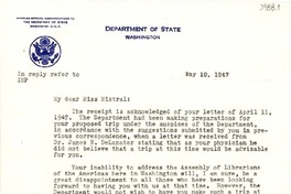 [Carta] 1947 mayo 10, Washington D. C. [a] Gabriela Mistral, Monrovia, California