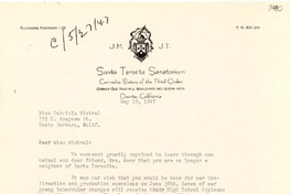 [Carta] 1947 mayo 19, Duarte, California [a] Gabriela Mistral, Santa Bárbara, California
