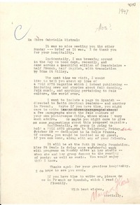 [Carta] [1947 nov.?], [EE.UU.] [a] Gabriella [i.e. Gabriela] Mistral
